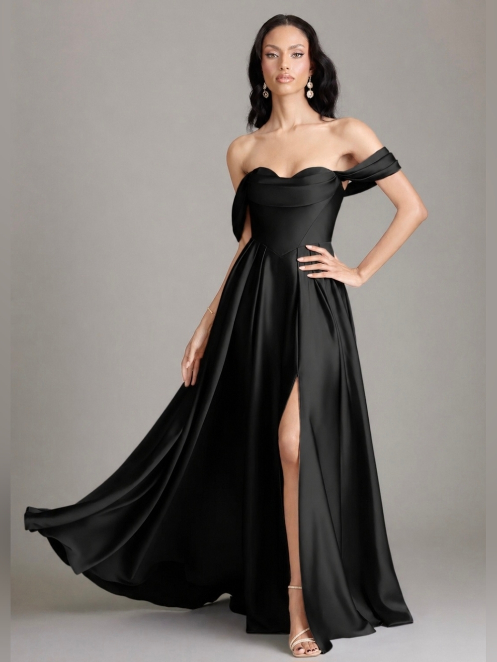 Azazie Elegant Black Formal Off Shoulder Gown with Slit Small Seam Repair Needed